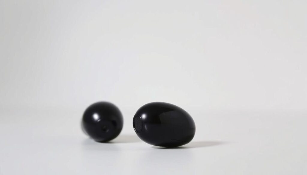 A sleek and modern Samsung Galaxy Buds 3 Pro, meticulously crafted with a glossy black exterior and subtle metallic accents. The earbuds are showcased in a clean, well-lit studio setting, captured from a slightly elevated angle to accentuate their elegant design. Soft, diffused lighting casts gentle shadows, highlighting the contours and providing a sense of depth and dimension. The background is a minimalist, neutral-toned backdrop, allowing the product to take center stage. The overall atmosphere conveys a premium, high-quality experience, perfectly suited for a review of the best wireless earbuds for Android and Galaxy users.