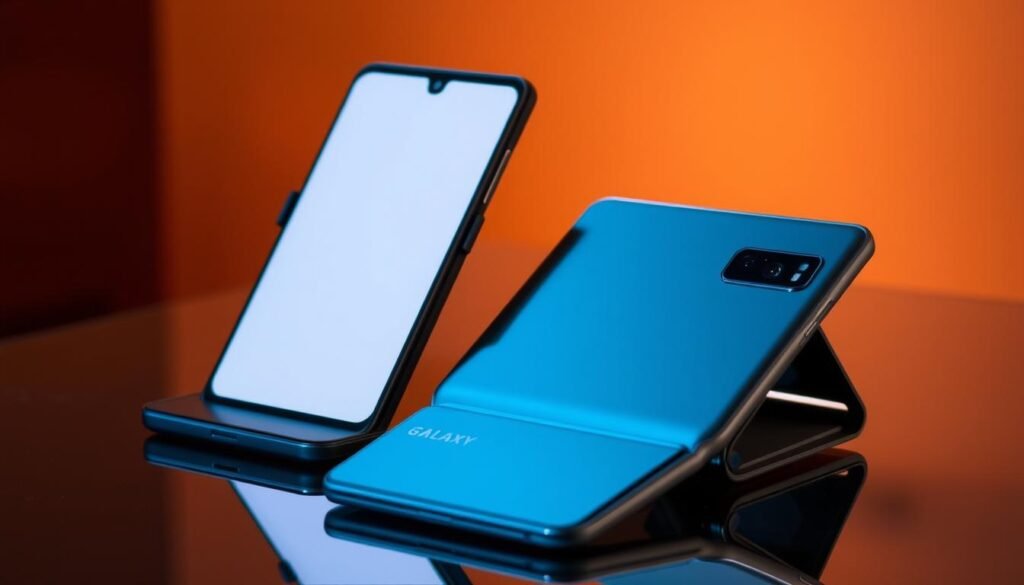 A sleek and modern Samsung Galaxy Z Flip 7 with its distinctive cover screen, capturing the essence of the next generation of foldable phones. The device is illuminated by soft, warm lighting, showcasing its elegant design and premium finish. The cover screen displays a minimalist user interface, hinting at its advanced capabilities. The phone is situated on a reflective surface, creating a sense of depth and highlighting the device's sophisticated appearance. The overall scene conveys a sense of sophistication and technological innovation, perfectly aligning with the "Best Overall Foldable Phones: Samsung Galaxy Z Flip 7" section of the article.