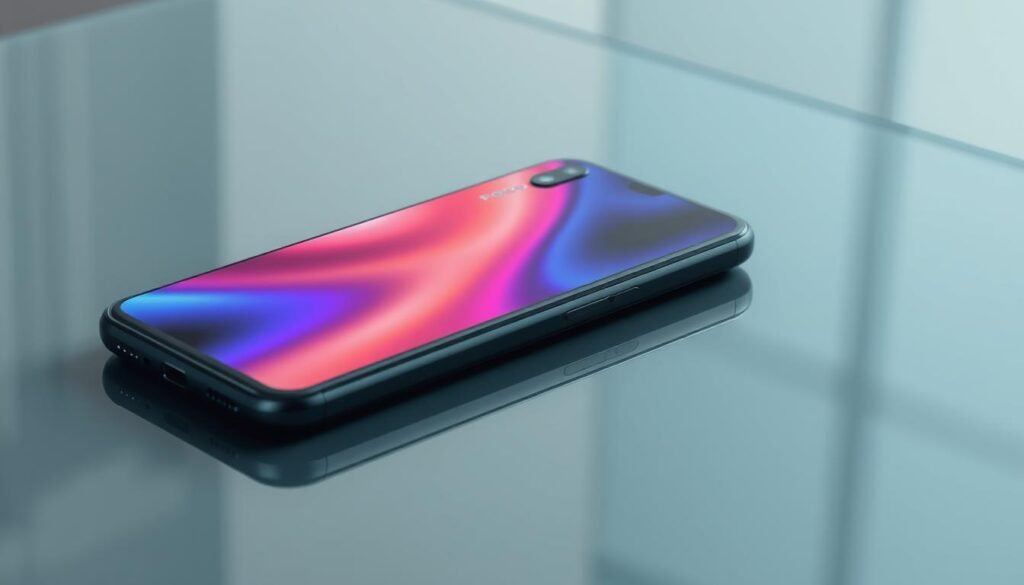 A sleek, ebony-colored Poco F7 smartphone rests on a reflective, glass-like surface, its angular design and striking edges capturing the eye. Crisp and vibrant, the phone's display showcases a mesmerizing array of colors, hinting at its powerful performance capabilities. Soft, directional lighting casts gentle shadows, emphasizing the device's premium aesthetic. In the background, a muted, gradient-infused environment adds depth and sophistication, complementing the smartphone's cutting-edge persona. This image exudes a sense of technological prowess, underscoring the Poco F7's position as a performance-driven powerhouse within the 2026 smartphone landscape.