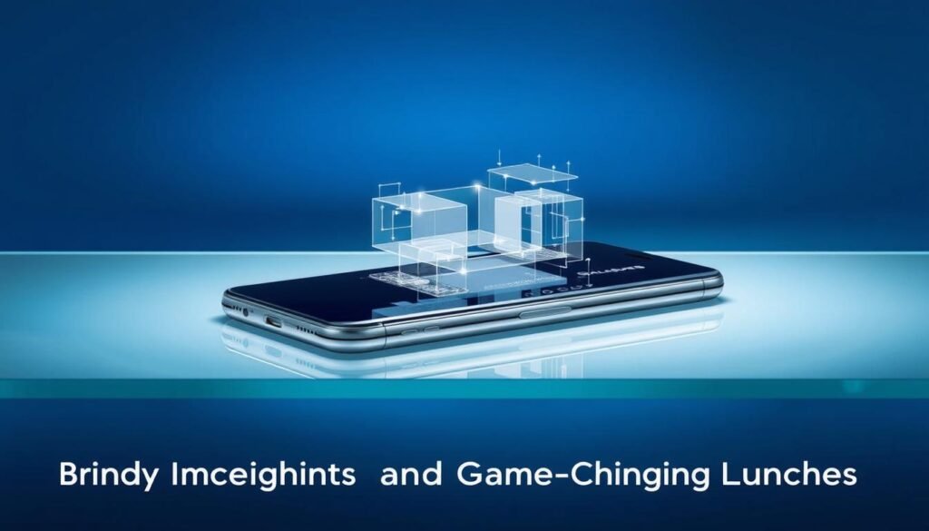 A sleek, futuristic Samsung Galaxy Elite smartphone rests on a minimalist glass surface, its metallic edges gleaming under crisp studio lighting. The device's holographic display projects mesmerizing 3D graphics, showcasing its cutting-edge features. In the background, a seamless gradient backdrop in shades of indigo and teal creates a sophisticated, tech-forward ambiance. The composition emphasizes the smartphone's premium design, advanced capabilities, and the sense of innovation that will captivate the viewer, reflecting the "Brand Highlights and Game-Changing Launches" section of the article.