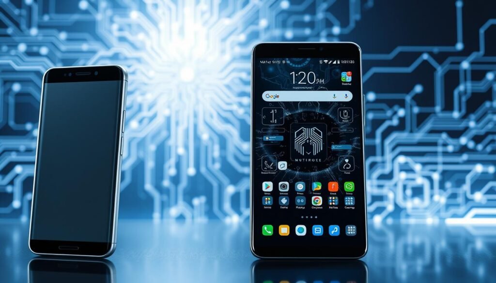A sleek, futuristic comparison of smartphone platforms, showcasing their unique hardware and software capabilities. In the foreground, a pair of cutting-edge devices, one with a metallic unibody design and the other with a seamless glass surface, stand side by side. The middle ground features a dynamic array of icons and UI elements, highlighting the contrasting user experiences. In the background, a network of interconnected circuits and data streams, symbolizing the underlying technologies that power these mobile ecosystems. Bathed in a cool, clinical lighting, the scene conveys a sense of technological sophistication and the ever-evolving landscape of personal computing.
