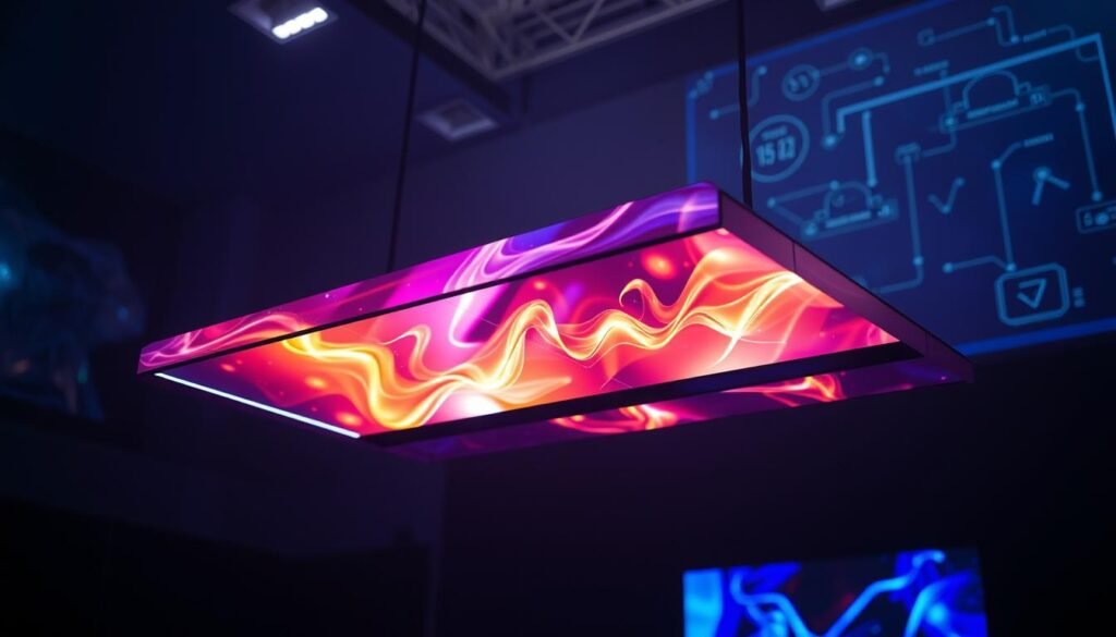 A sleek, futuristic display panel hovers in a dimly lit, technology-infused environment. The screen's surface shimmers with vibrant, high-definition imagery, showcasing the latest advancements in display technology. Subtle backlighting illuminates the panel, creating a sense of depth and three-dimensionality. In the background, holographic projections cast an ethereal glow, hinting at the integration of cutting-edge interface technologies. The overall atmosphere exudes a sense of innovation, progress, and the promise of a captivating visual experience.
