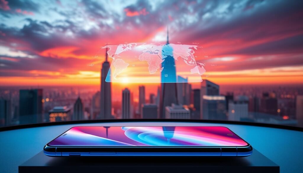 A sleek, futuristic display showcasing the top smartphone features of 2026. In the foreground, a high-resolution OLED screen with near-zero bezels and a smooth, edge-to-edge display. Hovering above it, a holographic interface with intuitive gesture controls. In the middle ground, the phone's ultra-thin ceramic body with a seamless metal frame, accented by vibrant color options. In the background, a vivid cityscape with towering skyscrapers, bathed in the warm glow of a sunset. Subtle lighting effects and a soft, cinematic tone create an aspirational, technology-forward atmosphere.