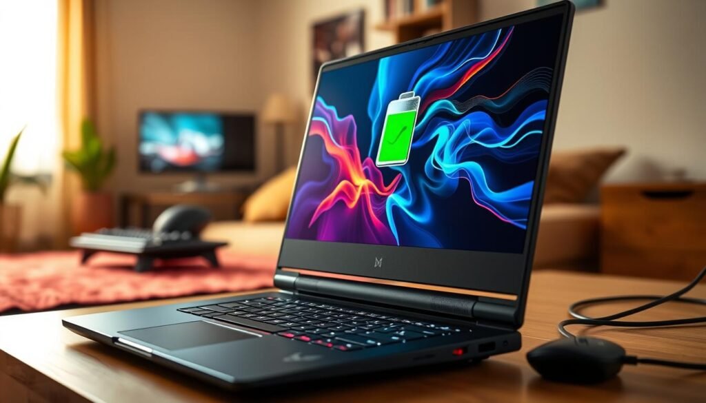 A sleek gaming laptop with a futuristic design is prominently displayed in the foreground, open and showcasing a vibrant, high-resolution gaming screen illuminated by dynamic visuals. A battery icon on the screen indicates optimal battery life, glowing with a green hue. In the middle ground, a well-organized and clutter-free workspace features gaming accessories like a mechanical keyboard and mouse. The background is softly blurred, highlighting a cozy gaming corner with subtle ambient lighting, reflecting a focus on comfort for gaming on the go. The image is captured from a slight angle, enhancing depth, with warm lighting creating an inviting atmosphere. The scene exudes a blend of technology and lifestyle, perfect for illustrating the importance of battery life for gaming.