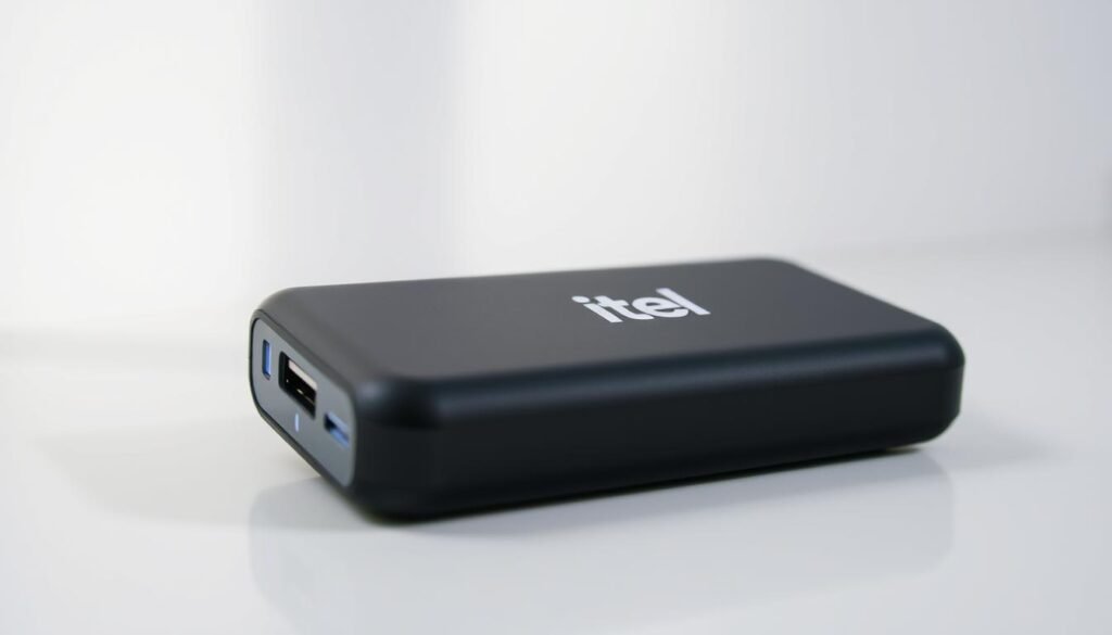 A sleek, matte black power bank with the Itel logo prominently displayed on the front. The device has a slim, rectangular form factor with rounded edges, giving it a modern and compact look. Illuminated indicators on the side showcase the device's charge level. Captured in a well-lit setting with soft, diffused lighting from above, highlighting the subtle textural details and creating depth and dimension. The power bank is positioned in the center of the frame, with a clean, minimalist background that allows the product to be the main focus. An angle that showcases the power bank's thickness and size, conveying a sense of its substantial battery capacity.