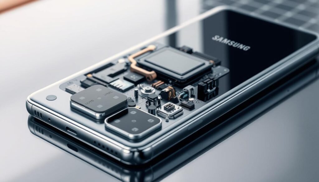 A sleek, metallic Samsung Galaxy S25 Ultra smartphone rests on a reflective surface, its cutting-edge internals visible through a transparent casing. The device's powerful processor, advanced memory modules, and state-of-the-art cooling system are highlighted in a warm, technical lighting, showcasing the engineering prowess behind this premium flagship. The camera system, with its array of lenses and sensors, dominates the foreground, hinting at the phone's exceptional imaging capabilities. In the background, a subtle grid-like pattern suggests the device's interconnected hardware components, creating a sense of technological sophistication.