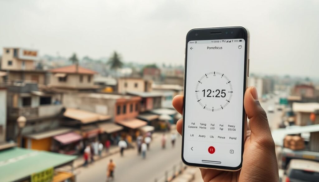 A sleek, minimalist mobile app UI showcasing the Pomofocus timer, set against the backdrop of a vibrant African cityscape. In the foreground, the app's clean, elegant interface features a large timer with customizable pomodoro settings, surrounded by intuitive control buttons. The middle ground depicts the bustling streets of a Nigerian city, with colorful buildings, lively markets, and people going about their daily routines. The background is filled with a hazy, sun-drenched sky, capturing the warm, tropical atmosphere. The overall composition conveys a sense of focus, productivity, and the integration of technology into the fabric of everyday life in Nigeria.