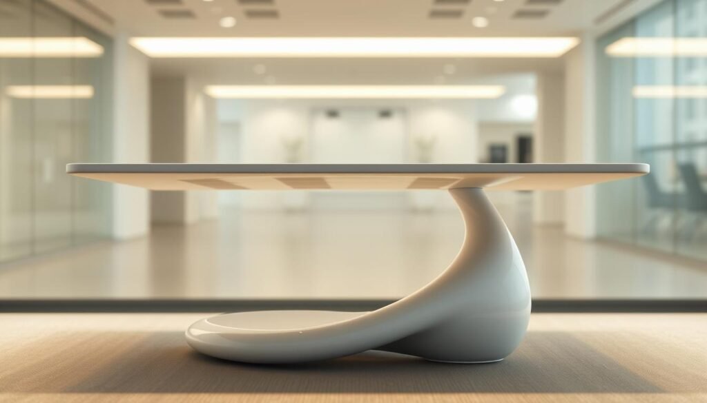 A sleek, minimalist table surface floats effortlessly, supported by a freeform frame of smooth, curved lines. The table's pristine white top reflects the warm, diffused lighting overhead, creating a clean, modern aesthetic. In the foreground, the table's base emerges as a sculptural form, with organic shapes that seamlessly blend into the surface above. The middle ground features a subtle gradient, adding depth and dimension to the scene. In the background, a softly blurred environment suggests a professional, office-like setting, complementing the table's utilitarian purpose. The overall composition conveys a sense of streamlined functionality and refined elegance, perfectly suited to illustrate the new table support feature in the Freeform app.