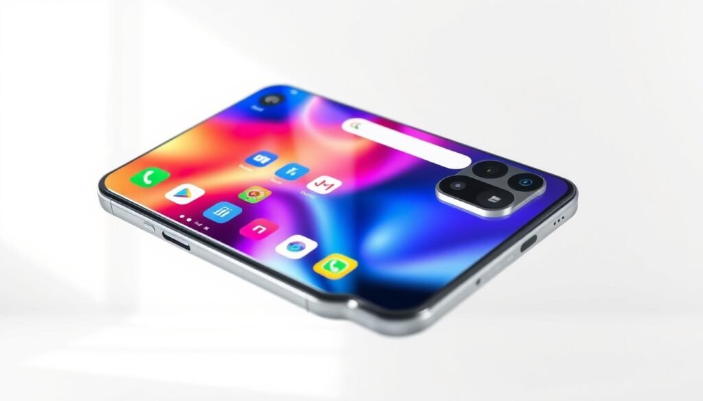 A sleek, modern budget smartphone levitating against a minimalist white background, with a striking metallic body and glass display reflecting the room's ambient lighting. The device's crisp, high-resolution screen showcases a range of vibrant, dynamic icons and app interfaces, hinting at its powerful capabilities. Elegant camera lenses and sensors are seamlessly integrated into the phone's design, promising advanced photography and video features typically found in premium flagships. The overall impression is one of sophisticated, affordable technology that punches above its price class.