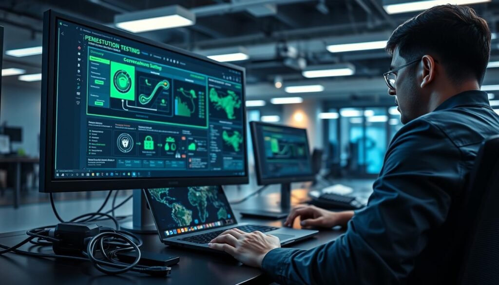 A sleek, modern computer workstation setup highlighting penetration testing software on the monitor. In the foreground, display a vibrant graphical interface featuring security vulnerabilities and network maps, showcasing a dark theme with neon green and blue accents. The middle layer includes a high-tech laptop surrounded by cybersecurity tools like network cables and a USB drive. In the background, an urban office with soft LED lighting creates a focused atmosphere, casting shadows that enhance a sense of urgency. Capture a professional atmosphere with a person in business attire analyzing data on the screen, reflecting concentration and expertise. Use a slight overhead angle to emphasize the workspace, evoking a feeling of advanced technology amid a cybersecurity operation. A sleek, modern computer workstation setup highlighting penetration testing software on the monitor. In the foreground, display a vibrant graphical interface featuring security vulnerabilities and network maps, showcasing a dark theme with neon green and blue accents. The middle layer includes a high-tech laptop surrounded by cybersecurity tools like network cables and a USB drive. In the background, an urban office with soft LED lighting creates a focused atmosphere, casting shadows that enhance a sense of urgency. Capture a professional atmosphere with a person in business attire analyzing data on the screen, reflecting concentration and expertise. Use a slight overhead angle to emphasize the workspace, evoking a feeling of advanced technology amid a cybersecurity operation.