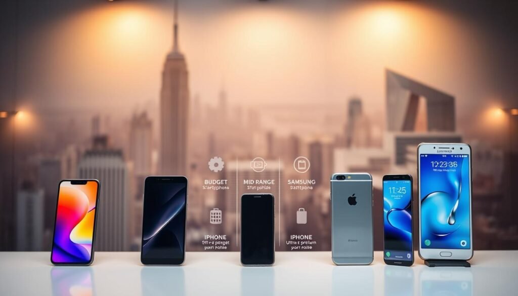 A sleek, modern display showcasing a tiered comparison of smartphones arranged from budget to ultra-premium. In the foreground, three smartphones in various price segments: a budget model in vibrant colors, a mid-range model with a sleek design, and a high-end iPhone and Samsung device with premium finishes. In the middle, a subtle gradient highlighting the price tiers, accented with stylized icons representing features like camera quality and battery life. The background features a soft-focus city skyline, giving a contemporary feel, illuminated by ambient lighting suggesting a tech-savvy atmosphere. The overall mood is informative yet visually appealing, designed to capture the attention of gadget enthusiasts.