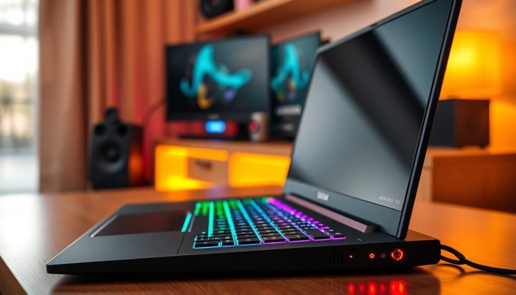 A sleek, modern gaming laptop open on a stylish desk, showcasing a vibrant RGB backlit keyboard that glows in various colors. The focus is on the keyboard, highlighting tactile keys and immersive audio features, like small speaker grills integrated into the laptop’s design. In the background, a soft-focus gaming setup with ambient LED lighting creates a cozy atmosphere. Subtle reflections on the laptop’s screen suggest engaging gameplay. Use warm, inviting lighting to enhance the scene, resembling an intimate gaming corner. The angle is slightly elevated, giving a dynamic view of the keyboard while capturing the essence of a high-tech audio experience. The overall mood is energetic yet comfortable, perfect for gamers.