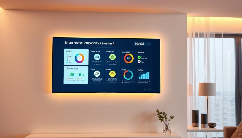 A sleek, modern home interior with a prominent wall-mounted display showcasing a "Smart Home Compatibility Assessment" dashboard. The display presents various compatibility icons, color-coded indicators, and intuitive data visualizations. Warm, ambient lighting highlights the clean, minimalist design aesthetic. A partially visible smart home assistant device sits on a side table, hinting at the integrated functionality. The image conveys a sense of technological sophistication and seamless home automation tailored for a Nigerian household.