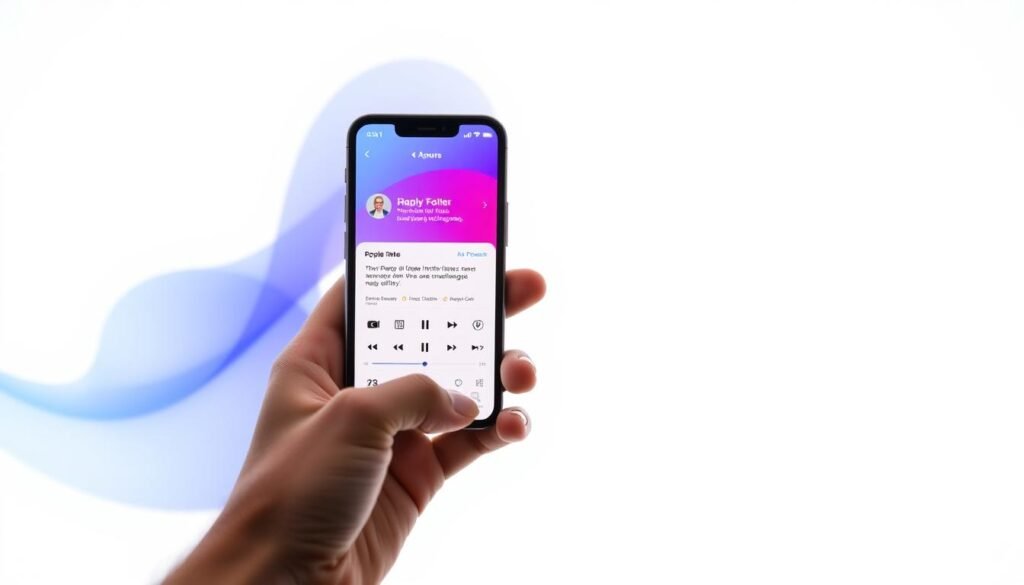 A sleek, modern interface showcasing the new Apple Podcasts AI features. In the foreground, a podcaster's hand holds a smartphone displaying the updated Podcasts app, with intuitive controls and a clean, minimalist design. In the background, an abstract gradient in shades of blue and purple suggests the AI-powered intelligence powering the app's enhanced functionality. Subtle lighting casts a warm, inviting glow, while the composition is framed by a clean, white background, allowing the technology to take center stage. The overall mood is one of sophistication, innovation, and the seamless integration of human and artificial intelligence.