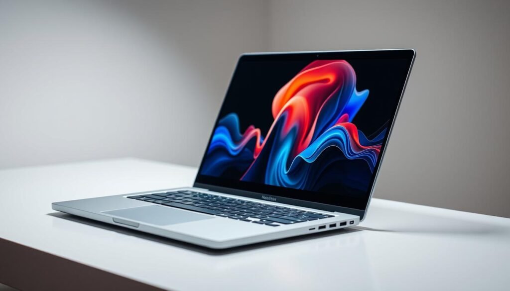 A sleek, modern laptop rests on a minimalist desk, its screen prominently displayed. The display shows a high-resolution image with vibrant colors and deep blacks, showcasing the exceptional screen quality. Soft, diffused lighting from above illuminates the scene, highlighting the laptop's clean lines and premium materials. The background is blurred, keeping the focus on the screen and its captivating visual fidelity. The overall composition conveys a sense of technological sophistication and attention to detail, perfectly suited to illustrate the "Screens and display quality" section of the "Laptop Buying Guide" article.