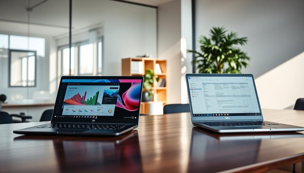 A sleek, modern office environment featuring a side-by-side comparison of two laptops from HP and Dell, positioned on a polished wooden desk. In the foreground, the HP laptop displays a vibrant screen showcasing data analysis software, while the Dell laptop shows a clean, functional design with a spreadsheet open. Soft, diffused natural light streams in through a large window, highlighting the laptops and casting gentle shadows. In the background, there are professional elements like a bookshelf filled with business books and a potted plant for a touch of greenery. The overall mood conveys a sense of professionalism, productivity, and technological sophistication, ideal for business and professional use cases. The angle is slightly above eye level, emphasizing both laptops equally without distractions. A sleek, modern office environment featuring a side-by-side comparison of two laptops from HP and Dell, positioned on a polished wooden desk. In the foreground, the HP laptop displays a vibrant screen showcasing data analysis software, while the Dell laptop shows a clean, functional design with a spreadsheet open. Soft, diffused natural light streams in through a large window, highlighting the laptops and casting gentle shadows. In the background, there are professional elements like a bookshelf filled with business books and a potted plant for a touch of greenery. The overall mood conveys a sense of professionalism, productivity, and technological sophistication, ideal for business and professional use cases. The angle is slightly above eye level, emphasizing both laptops equally without distractions.