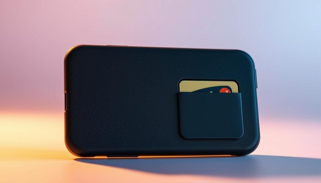 A sleek, modern protective phone case with built-in card storage designed for busy students. The case is made of a durable, scratch-resistant material in a sophisticated charcoal gray color. The front features a subtle textured pattern that enhances the grip, while the sides have a slim profile to fit comfortably in the hand. The back panel has a discreet compartment that can securely hold 2-3 credit cards or a student ID. The case is illuminated by soft, ambient lighting that creates a warm, inviting atmosphere. Captured in a studio setting with a clean, minimalist background that allows the product's design and functionality to shine. A sleek, modern protective phone case with built-in card storage designed for busy students. The case is made of a durable, scratch-resistant material in a sophisticated charcoal gray color. The front features a subtle textured pattern that enhances the grip, while the sides have a slim profile to fit comfortably in the hand. The back panel has a discreet compartment that can securely hold 2-3 credit cards or a student ID. The case is illuminated by soft, ambient lighting that creates a warm, inviting atmosphere. Captured in a studio setting with a clean, minimalist background that allows the product's design and functionality to shine.