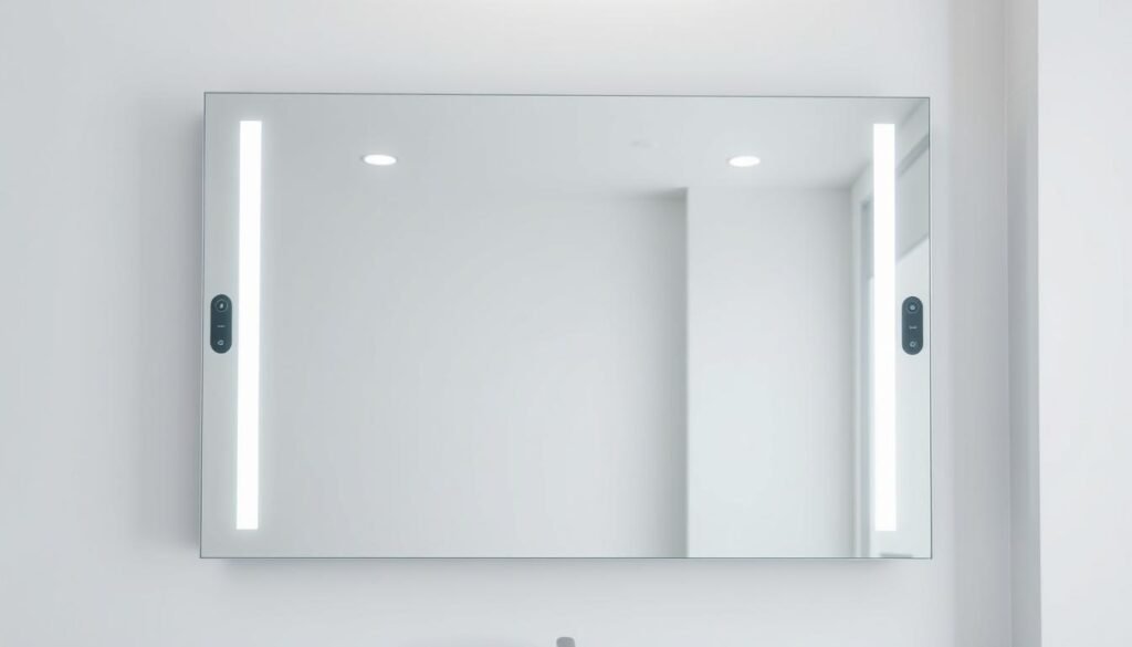 A sleek, modern smart mirror with a large, frameless glass surface that fills the center of the frame. The mirror reflects the user's image in crisp, high-definition detail. Embedded in the sides of the frame are touch-sensitive controls and a discreet LED lighting system that can be adjusted to different brightness levels and color temperatures, creating a personalized ambiance. The mirror is mounted on the wall, angled slightly downward to provide an optimal viewing experience. The background is a minimalist, bright interior with clean white walls and subtle accent lighting, allowing the smart mirror to be the focal point of the scene.