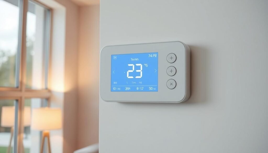A sleek, modern smart thermostat set against a minimalist, white-walled interior. The thermostat's display shows a clear temperature reading, with intuitive touch controls for adjusting the heating or cooling. Warm, diffused lighting from a floor lamp creates a cozy, inviting atmosphere, while large windows in the background allow natural light to fill the space. The thermostat is positioned prominently on the wall, its clean design and LCD interface highlighting its smart, user-friendly features. This image effectively conveys the idea of a high-tech, energy-efficient climate control system that seamlessly integrates into a contemporary living space.