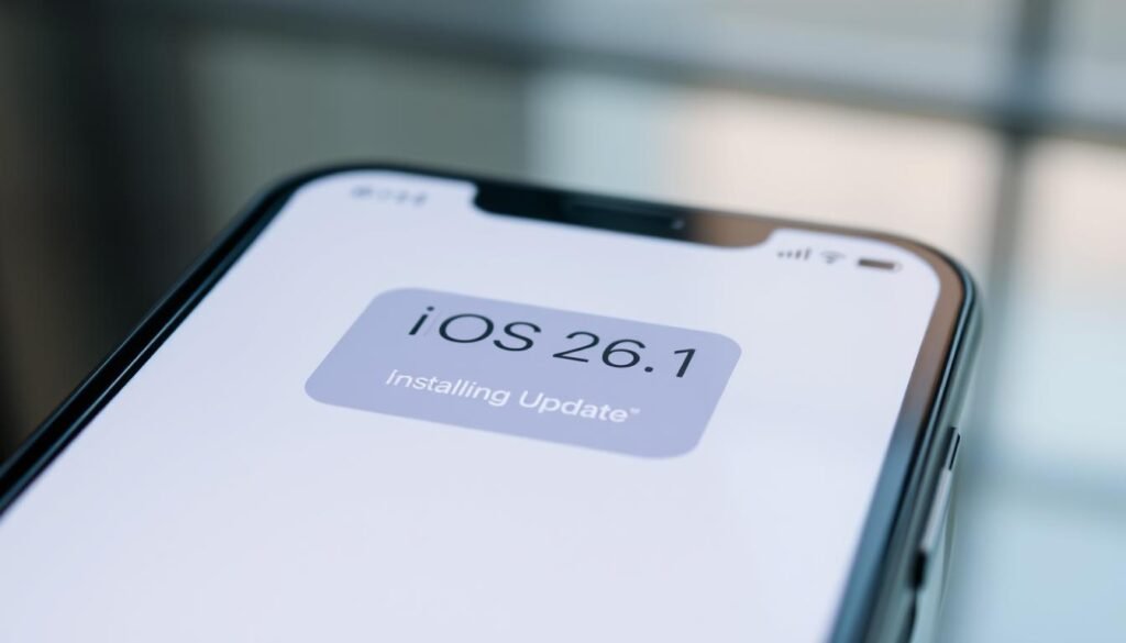A sleek, modern smartphone display shows the iOS 26.1 software update installation process. The foreground features a clean, minimalist interface with progress bars, icons, and a prominent "Installing Update" message. The middle ground showcases the device's elegant design, with smooth glass and metal surfaces reflecting the ambient lighting. The background subtly blurs, creating a sense of depth and focus on the central update activity. The overall mood is one of anticipation and technological sophistication, reflecting the cutting-edge nature of the iOS 26.1 release. A sleek, modern smartphone display shows the iOS 26.1 software update installation process. The foreground features a clean, minimalist interface with progress bars, icons, and a prominent "Installing Update" message. The middle ground showcases the device's elegant design, with smooth glass and metal surfaces reflecting the ambient lighting. The background subtly blurs, creating a sense of depth and focus on the central update activity. The overall mood is one of anticipation and technological sophistication, reflecting the cutting-edge nature of the iOS 26.1 release.