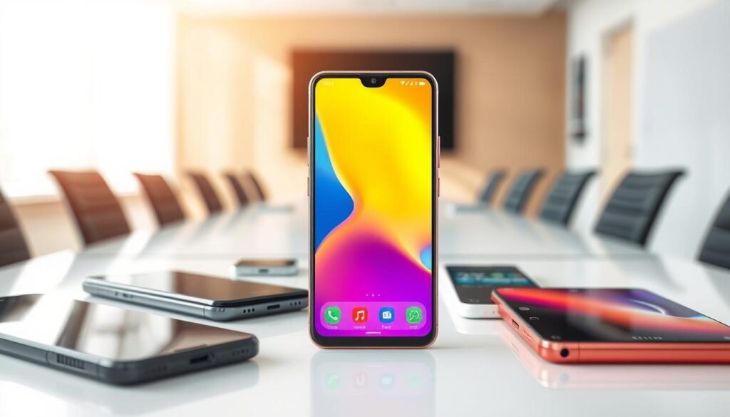 A sleek, modern smartphone stands prominently in the foreground, showcasing its design and vibrant display. Surrounding it are competitor smartphones, each with distinct features displayed, emphasizing their characteristics and battery capabilities. The middle ground features a minimalist table with subtle reflections, adding depth, while a blurred office environment serves as the background with soft, warm lighting. The atmosphere is professional and competitive, suggesting a meeting room where products are being evaluated. Use a shallow depth of field to keep the focus on the smartphones while ensuring the details are crisp and clear. The composition should convey innovation, rivalry, and practicality, appealing to tech-savvy readers.