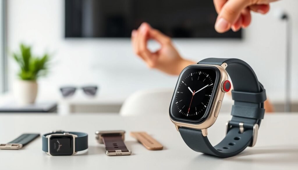 A sleek, modern smartwatch prominently displayed in the foreground, showcasing its elegant design with a vibrant touchscreen and customizable watch faces. The watch band, crafted from soft silicone or premium leather, sits comfortably on a neutral-colored surface. In the middle ground, a variety of interchangeable bands and styles illustrate versatility suitable for different occasions, while a subtle hand gently adjusts the watch to emphasize comfort features. The blurred background features a well-lit, minimalist workspace with a stylish desk and potted plant, creating a sense of sophistication. The lighting is bright yet soft, highlighting the smartwatch’s glossy finish and digital interface. The overall mood is professional and inviting, embodying the harmony of technology and lifestyle.