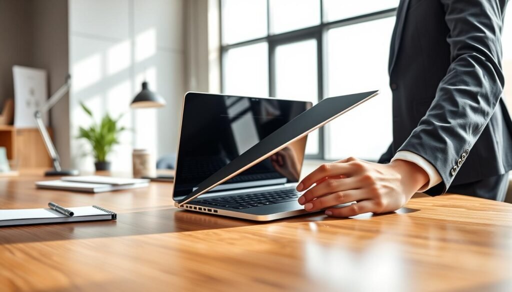 A sleek, modern upgradeable laptop design prominently displayed on a polished wooden desk in a bright, contemporary office setting. The laptop is partially opened to showcase its modular components, emphasizing the technology within. In the foreground, show a pair of hands, dressed in smart business attire, interacting with the laptop, highlighting its user-friendly design. In the middle ground, present stylish office accessories like a minimalist desk lamp and notepads. The background features a large window with natural light pouring in, casting soft shadows that enhance the inviting atmosphere. Capture the essence of innovation and professionalism, using a balanced composition with soft lighting to create a warm yet focused mood. The image should be from a slight angle, offering a dynamic view of the laptop's features. A sleek, modern upgradeable laptop design prominently displayed on a polished wooden desk in a bright, contemporary office setting. The laptop is partially opened to showcase its modular components, emphasizing the technology within. In the foreground, show a pair of hands, dressed in smart business attire, interacting with the laptop, highlighting its user-friendly design. In the middle ground, present stylish office accessories like a minimalist desk lamp and notepads. The background features a large window with natural light pouring in, casting soft shadows that enhance the inviting atmosphere. Capture the essence of innovation and professionalism, using a balanced composition with soft lighting to create a warm yet focused mood. The image should be from a slight angle, offering a dynamic view of the laptop's features.