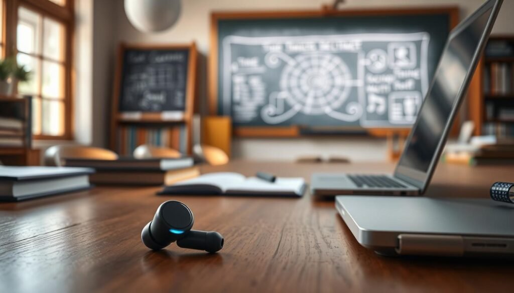 A sleek pair of wireless earbuds resting on a wooden desk, surrounded by textbooks and stationery. The earbuds emit a soft, ambient glow, indicating their connectivity to a nearby laptop. The scene is bathed in warm, natural lighting from a large window, casting a cozy, focused atmosphere. In the background, a chalkboard displays an intricate diagram, hinting at the earbuds' integration with classroom technology. The composition emphasizes the seamless harmony between the earbuds and the academic setting, suggesting their essential role in modern student life. A sleek pair of wireless earbuds resting on a wooden desk, surrounded by textbooks and stationery. The earbuds emit a soft, ambient glow, indicating their connectivity to a nearby laptop. The scene is bathed in warm, natural lighting from a large window, casting a cozy, focused atmosphere. In the background, a chalkboard displays an intricate diagram, hinting at the earbuds' integration with classroom technology. The composition emphasizes the seamless harmony between the earbuds and the academic setting, suggesting their essential role in modern student life.