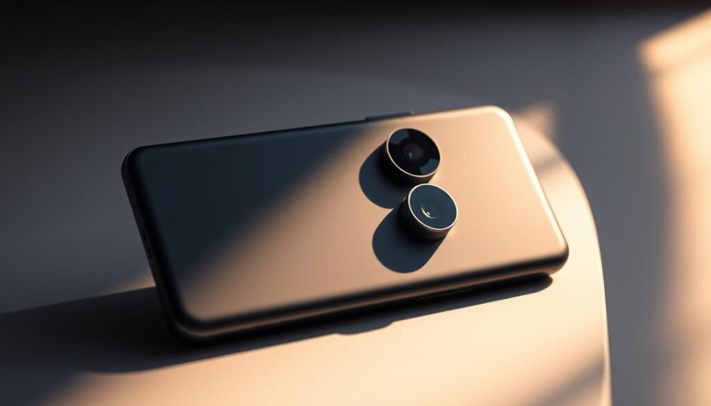 A sleek, premium Google Pixel 10 smartphone rests on a minimalist grey surface, its triple-lens camera module prominently featured. The camera lenses are precisely crafted, with a crisp, high-resolution sensor and advanced AI-powered computational photography capabilities. Warm, directional lighting from the side casts dramatic shadows, highlighting the phone's elegant design and premium materials. The background is a soft, out-of-focus gradient, drawing the viewer's attention to the striking camera system. The overall scene conveys a sense of sophistication, technology, and the Pixel 10's position as a flagship Android device ideal for students' photography, gaming, and multimedia needs.