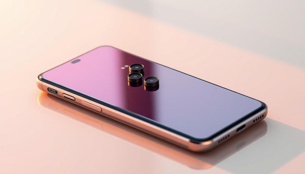 A sleek, premium mid-range smartphone rests on a minimalist, reflective surface. The device's metal unibody construction gleams under warm, directional lighting, casting subtle shadows that accentuate its elegant design. The screen is a vibrant, high-resolution OLED panel, surrounded by razor-thin bezels. In the middle ground, a trio of advanced camera lenses protrude subtly, hinting at the smartphone's powerful imaging capabilities. The background is a clean, studio-like environment, allowing the device to take center stage and convey a sense of refined, flagship-level quality.