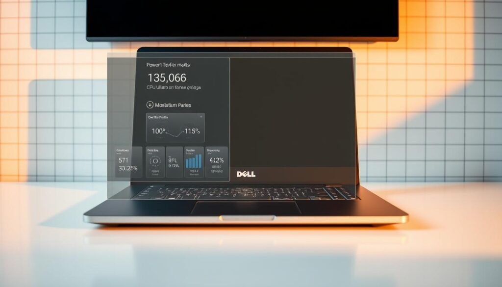 A sleek, silver Dell laptop sits on a minimalist desk, bathed in warm, directional lighting that accentuates its clean lines and premium build. In the foreground, a transparent overlay displays performance metrics, CPU utilization, and temperature readouts, conveying the laptop's reliable and powerful internals. In the background, a subtle grid pattern evokes a sense of technical precision and attention to detail. The composition strikes a balance between form and function, showcasing the Dell's impressive reliability and performance capabilities.