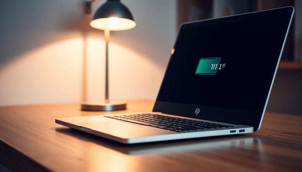 A sleek, silver HP laptop rests on a minimalist wooden desk, its screen displaying a detailed battery life indicator. The laptop's slim profile and clean lines convey a sense of modern sophistication. Soft, warm lighting from a nearby lamp casts a gentle glow, highlighting the laptop's premium brushed metal finish. The background is blurred, drawing the viewer's attention to the laptop's striking design and its impressive battery life readout, capturing the essence of power and endurance that define the HP experience.