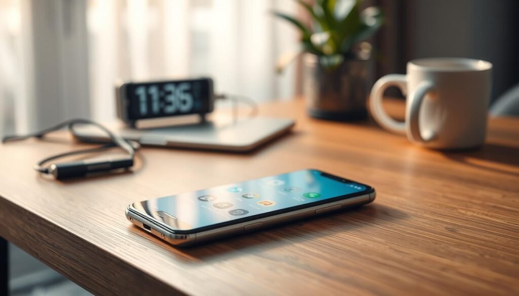 A sleek smartphone displayed prominently in the foreground, with its screen illuminated, showcasing various battery-saving feature icons such as 'power saver mode', 'dark mode', 'app management', and 'battery optimization'. The device rests on a modern wooden desk, while a softened light from a nearby window bathes the scene, creating a warm and inviting atmosphere. In the middle ground, subtle hints of tech paraphernalia like charging cables and a digital clock can be seen, suggesting a workspace environment. The background is blurred softly, featuring a plant and a coffee mug, enhancing the serene yet productive vibe. The overall composition highlights sophistication and efficiency, inviting viewers to explore the world of smartphone battery features.