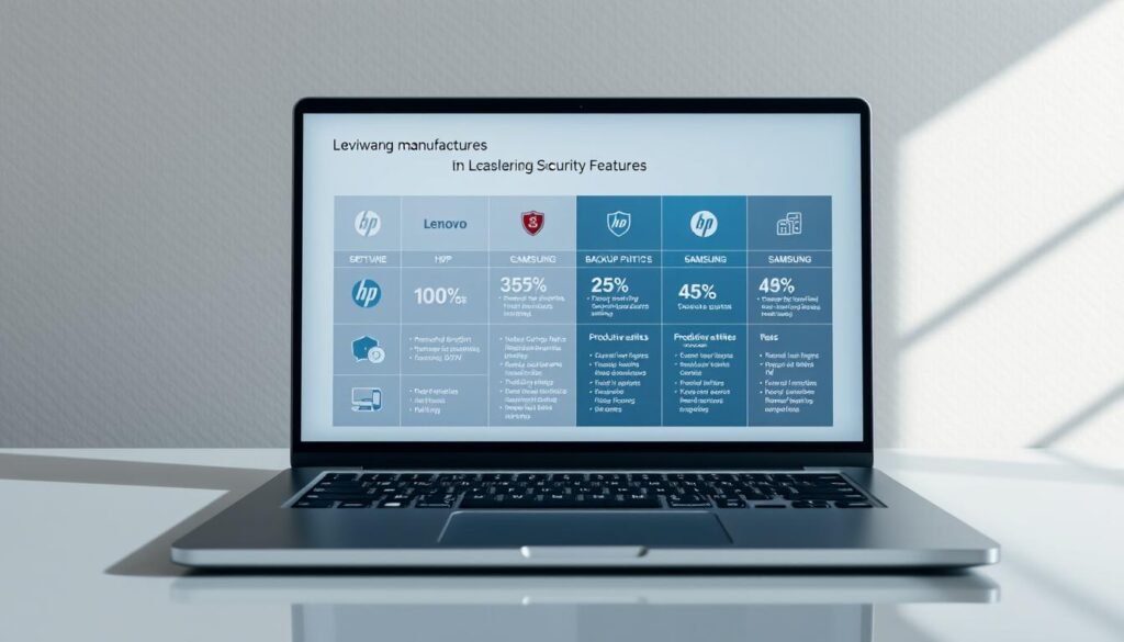A sleek, well-lit office desk showcasing an open laptop display. The laptop screen features a side-by-side comparison of software and security features from leading manufacturers - Lenovo, HP, and Samsung. The display presents detailed icons, graphs, and numerical metrics illustrating the key capabilities of each device, such as antivirus protection, encryption, backup utilities, and productivity suites. The background is a clean, minimalist workspace with a subtle texture, allowing the laptop to be the focal point. Soft, directional lighting accentuates the laptop's design and highlights the informative screen content. The overall atmosphere conveys a professional, analytical tone suitable for evaluating technology products.