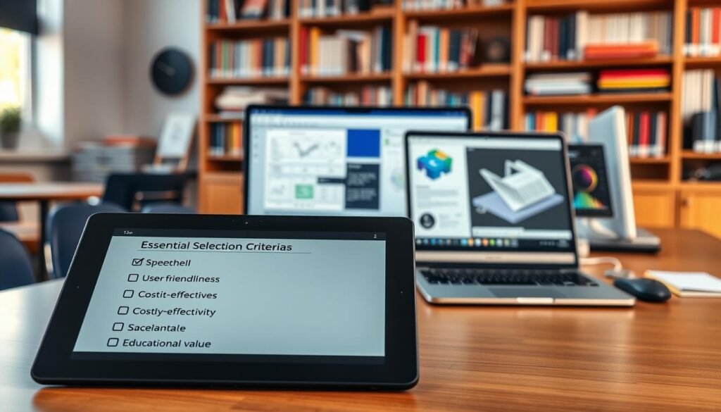 A softly lit classroom setting, with an array of modern devices and software interfaces arranged neatly on a wooden desk. In the foreground, a tablet displays a checklist of essential selection criteria, including user-friendliness, compatibility, cost-effectiveness, and educational value. The middle ground features a laptop showcasing a spreadsheet application, while a 3D modeling program is open on a nearby desktop computer. The background depicts a bookshelf filled with textbooks and academic resources, creating an atmosphere of focused learning and productivity.