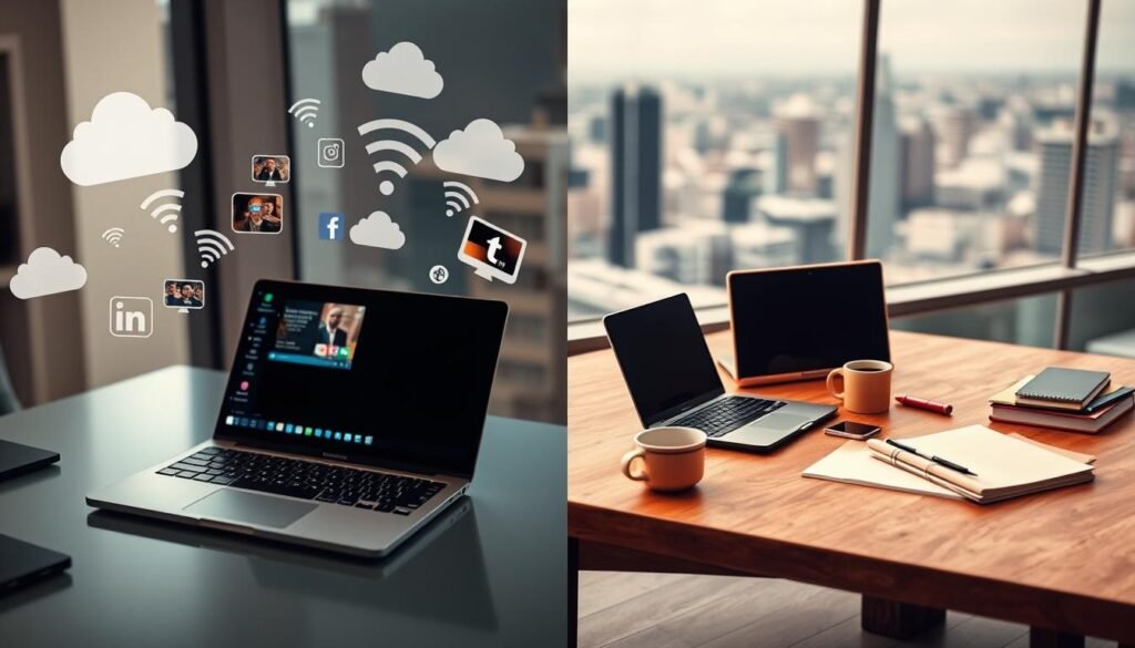 A split scene illustrating the concept of "Internet Dependency" in the context of Chromebook versus traditional laptop. In the foreground, on the left, depict a sleek Chromebook on a modern desk, surrounded by visual elements like cloud icons, Wi-Fi signals, and vibrant online content such as streaming videos and social media interactions, under soft, diffused lighting. On the right, present a traditional laptop, set on a more classic wooden desk, alongside items like notebooks, books, and a coffee mug, portraying offline productivity. The background features a blurred city skyline, suggesting connectivity. Use a warm color palette to evoke a sense of comfort and productivity. Capture the scene from an eye-level angle to engage viewers and convey a balanced comparison atmosphere.