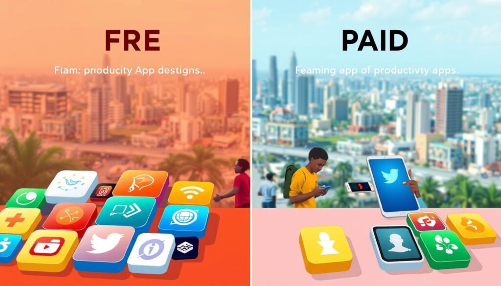 A vibrant digital illustration showcasing the contrasting features and values of free versus paid productivity apps in the Nigerian market. In the foreground, two neatly arranged groups of app icons, one set highlighted in a warm, inviting palette, the other in a cool, premium-looking style. The middle ground depicts Nigerian users interacting with the apps, some enthusiastically trying out the free options, others carefully considering the paid versions. In the background, a dynamic cityscape of Lagos serves as the backdrop, hinting at the diverse needs and budgets of the local user base. The scene is bathed in a soft, natural light, conveying a sense of balance and thoughtful decision-making. The overall composition emphasizes the nuanced trade-offs between cost and functionality, catering to the unique preferences and constraints of Nigerian productivity app consumers.