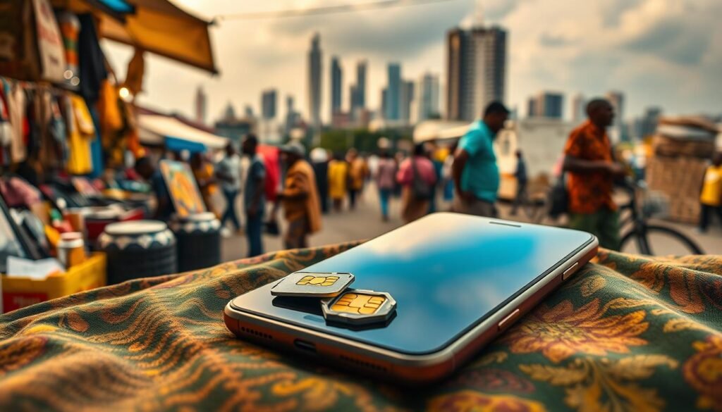 A vibrant still life depicting the enduring relevance of physical SIM cards in Nigeria. In the foreground, a sleek, modern smartphone rests atop a traditional Nigerian fabric, alongside a classic SIM card and SIM card ejector tool. The middle ground showcases a bustling street market, with vendors selling an array of mobile accessories and devices. In the background, the iconic skyline of Lagos rises, a testament to Nigeria's rapidly evolving digital landscape. Warm, golden lighting illuminates the scene, capturing the blend of tradition and modernity that defines the country's mobile ecosystem. The image conveys the practical and cultural significance of physical SIM cards, even as eSIM technology gains traction globally. A vibrant still life depicting the enduring relevance of physical SIM cards in Nigeria. In the foreground, a sleek, modern smartphone rests atop a traditional Nigerian fabric, alongside a classic SIM card and SIM card ejector tool. The middle ground showcases a bustling street market, with vendors selling an array of mobile accessories and devices. In the background, the iconic skyline of Lagos rises, a testament to Nigeria's rapidly evolving digital landscape. Warm, golden lighting illuminates the scene, capturing the blend of tradition and modernity that defines the country's mobile ecosystem. The image conveys the practical and cultural significance of physical SIM cards, even as eSIM technology gains traction globally.