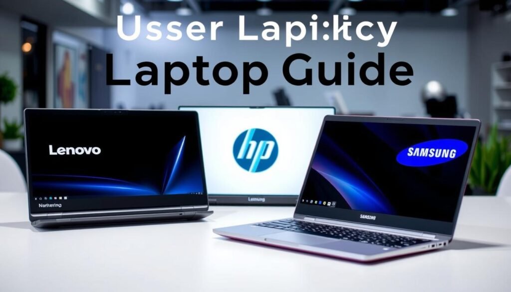 A vibrant, user-centric laptop guide showcasing Lenovo, HP, and Samsung models. In the foreground, three distinct laptops positioned side-by-side, each with a sleek, modern design and a polished metallic finish. The middle ground features a clean, minimalist backdrop with soft, diffused lighting, allowing the laptops to take center stage. In the background, a subtly blurred environment suggests a professional, tech-savvy setting. The overall composition conveys a sense of comparative evaluation, guiding the viewer through the nuances of each brand's offering in a visually compelling manner.