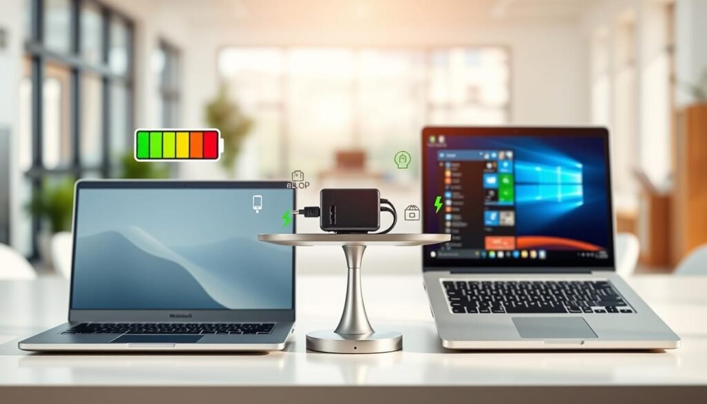 A visually engaging battery life comparison illustration featuring two laptops side by side: a sleek MacBook Air M3 on the left and a modern Windows laptop on the right. The foreground shows digital battery icons above each laptop, displaying varying levels of charge in vibrant colors. In the middle, a scale balances the two devices, surrounded by various elements like a power adapter, charger cables, and energy symbols. The background depicts a soft-focus office environment with natural light streaming in, creating a bright and inviting atmosphere. Use a wide-angle lens perspective to enhance the depth of field, and aim for a clear, professional look that conveys the theme of energy efficiency and technology decisively.