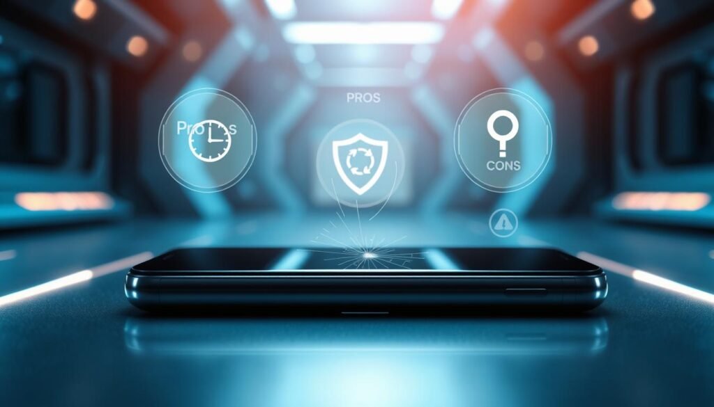 A visually striking composition illustrating the pros and cons of self-healing technology in smartphones. In the foreground, an animated smartphone displaying a glossy, scratch-free surface, with a visible area showing scratches gradually disappearing. In the middle ground, transparent icons representing pros (e.g., a clock symbol for quick healing, a shield for protection) and cons (e.g., a question mark for reliability, a caution symbol for potential drawbacks), artistically arranged around the phone. The background should feature a high-tech, futuristic workspace with soft blue and silver tones, emanating an innovative atmosphere. Soft, diffused lighting highlights the device, creating a sleek and polished ambiance. The angle should be slightly elevated, providing a dynamic perspective, drawing attention to the self-healing process while maintaining a professional and informative mood. A visually striking composition illustrating the pros and cons of self-healing technology in smartphones. In the foreground, an animated smartphone displaying a glossy, scratch-free surface, with a visible area showing scratches gradually disappearing. In the middle ground, transparent icons representing pros (e.g., a clock symbol for quick healing, a shield for protection) and cons (e.g., a question mark for reliability, a caution symbol for potential drawbacks), artistically arranged around the phone. The background should feature a high-tech, futuristic workspace with soft blue and silver tones, emanating an innovative atmosphere. Soft, diffused lighting highlights the device, creating a sleek and polished ambiance. The angle should be slightly elevated, providing a dynamic perspective, drawing attention to the self-healing process while maintaining a professional and informative mood.