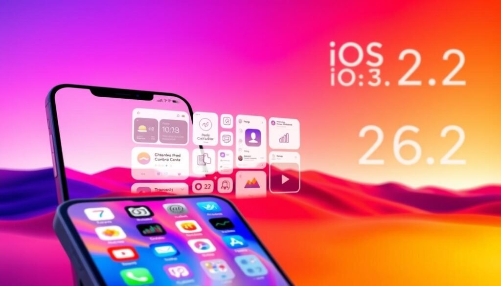 A visually striking digital illustration showcasing the key new features of iOS 26.2. In the foreground, a sleek, edge-to-edge iPhone display presents a clean, modern interface with intuitive app icons and fluid animations. The middle ground features a collage of interactive elements, such as a revamped Control Center, enhanced Siri capabilities, and streamlined multitasking. The background is a vibrant, gradient-infused landscape, evoking a sense of innovation and technological advancement. The lighting is warm and diffused, creating a premium, high-end aesthetic. The camera angle is slightly elevated, giving the viewer a dynamic, immersive perspective of the iOS 26.2 experience.