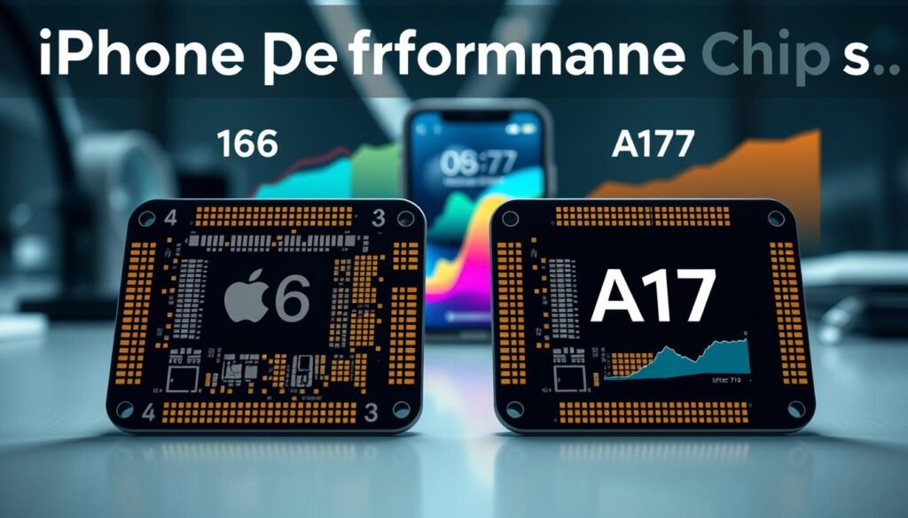 A visually striking infographic showcasing a comparison of iPhone performance chips side by side, prominently featuring the latest chip designs such as A16 and A17. In the foreground, detailed close-ups of the chips are displayed, highlighting their intricate circuitry and branding. The middle ground showcases performance graphs with metrics like speed and power efficiency, displayed in vibrant colors for clarity. The background incorporates a sleek, modern workspace with subtle reflections of a blurred iPhone and tech gadgets, conveying an atmosphere of innovation and sophistication. Soft, ambient lighting enhances the detail on the chips, creating a clean, professional look. The angle should be slightly tilted for a dynamic perspective, emphasizing both chips equally.