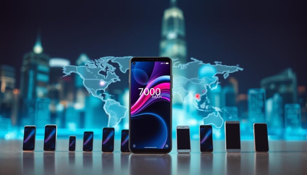 A visually striking representation of the global smartphone market differences, focusing on the innovation of a Chinese smartphone with a 7000mAh battery. In the foreground, an elegant, modern Chinese smartphone showcases its sleek design and vibrant display, surrounded by smaller smartphones representing various global markets. The middle ground features an abstract world map highlighting key regions like the US, Europe, and Asia with visual indicators of market trends and smartphone features. In the background, a blurred city skyline symbolizes the fast-paced tech environment, with soft blue and green lighting to create a sense of innovation and opportunity. The composition conveys a sense of contrast and curiosity, inviting viewers to explore the factors behind these innovations.
