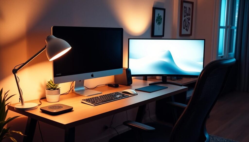 A well-equipped home office with a sleek, modern desk, a high-performance computer, and a large, high-resolution monitor. The room is bathed in warm, soft lighting, creating a cozy and productive atmosphere. On the desk, a professional-grade keyboard, a precision mouse, and a stylish, minimalist lamp. Subtle indoor plants and a few personal touches, like framed artwork, add a touch of personality to the space. The overall scene conveys a sense of efficiency, focus, and the comfort of a remote work environment for a tech-savvy professional. A well-equipped home office with a sleek, modern desk, a high-performance computer, and a large, high-resolution monitor. The room is bathed in warm, soft lighting, creating a cozy and productive atmosphere. On the desk, a professional-grade keyboard, a precision mouse, and a stylish, minimalist lamp. Subtle indoor plants and a few personal touches, like framed artwork, add a touch of personality to the space. The overall scene conveys a sense of efficiency, focus, and the comfort of a remote work environment for a tech-savvy professional.