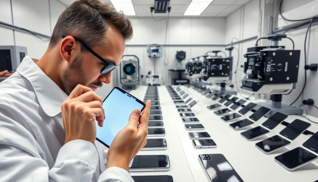 A well-equipped smartphone testing lab with state-of-the-art equipment. In the foreground, a technician meticulously examines a smartphone's screen, capturing every detail under bright, diffused lighting. In the middle ground, rows of smartphones are lined up, undergoing a range of rigorous tests - drop tests, water resistance trials, and performance benchmarks. The background features high-tech measurement devices, calibration tools, and a clean, minimalist workspace that exudes professionalism and precision. The overall atmosphere conveys a sense of thorough, scientific analysis to ensure only the most durable and capable smartphones make the cut.