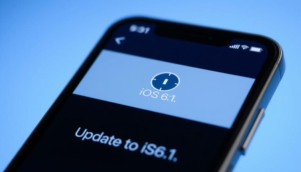A well-lit, close-up view of an iPhone screen displaying the iOS software update installation process. The foreground shows the update progress bar, with a circular loading indicator and the text "Updating to iOS 26.1" in the center. The background features a subtle, blurred gradient in shades of blue, evoking a sense of technology and modernity. The image is captured at a slightly high angle, giving it a polished, professional look. The lighting is soft and diffused, creating a clean, studio-like atmosphere that highlights the details of the phone's interface.