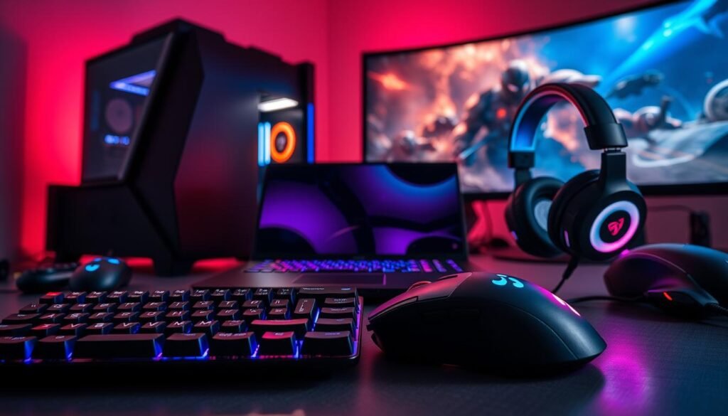 A well-lit, dynamic composition showcasing an assortment of premium gaming gear. In the foreground, an array of sleek gaming peripherals - a high-performance mouse, a customizable mechanical keyboard, and a pro-grade gaming headset with RGB lighting. In the middle ground, a powerful gaming laptop or desktop PC, its angular case illuminated by soft, dramatic lighting. In the background, a large, curved gaming monitor displays an intense action scene, casting a vibrant glow across the setup. The overall scene conveys a sense of excitement and high-end, cutting-edge technology ready to elevate the gaming experience. A well-lit, dynamic composition showcasing an assortment of premium gaming gear. In the foreground, an array of sleek gaming peripherals - a high-performance mouse, a customizable mechanical keyboard, and a pro-grade gaming headset with RGB lighting. In the middle ground, a powerful gaming laptop or desktop PC, its angular case illuminated by soft, dramatic lighting. In the background, a large, curved gaming monitor displays an intense action scene, casting a vibrant glow across the setup. The overall scene conveys a sense of excitement and high-end, cutting-edge technology ready to elevate the gaming experience.