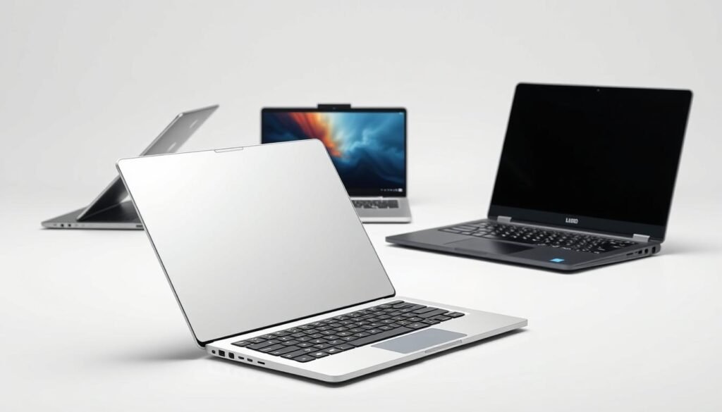 A well-lit, high-resolution studio shot of three distinct laptop form factors displayed on a minimalist white backdrop. In the foreground, a sleek, ultraportable clamshell laptop with a silver aluminum chassis, slim profile, and narrow bezels. In the middle ground, a 2-in-1 convertible laptop with a 360-degree hinge, touchscreen display, and stylish dark grey accents. In the background, a thin-and-light laptop with a matte black finish, tapered edges, and a compact, lightweight design. The image captures the key differences in size, shape, and functionality between these popular laptop categories, showcasing their unique aesthetic and ergonomic qualities.