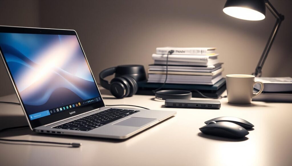 A well-lit office desk showcasing an array of student laptop features. In the foreground, a sleek, silver laptop with a minimalist design sits open, its screen displaying crisp, high-resolution graphics. Alongside it, a high-quality wireless mouse and a compact, ergonomic keyboard. In the middle ground, a pair of noise-cancelling headphones and a USB hub with multiple ports. In the background, a stack of textbooks, a cup of coffee, and a modern desk lamp, creating a cozy and productive academic atmosphere. The lighting is soft and warm, casting a gentle glow over the scene, emphasizing the modern and professional nature of the student's workspace.